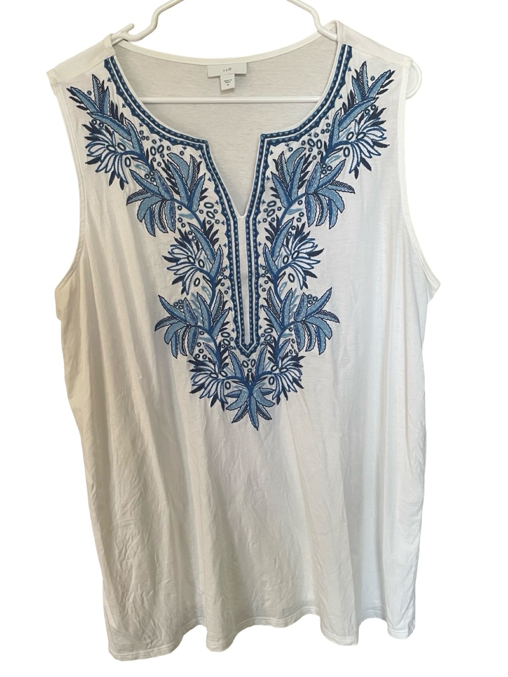 J Jill XL White Blue Embroidered Sleeveless Boho Tunic Tank Top